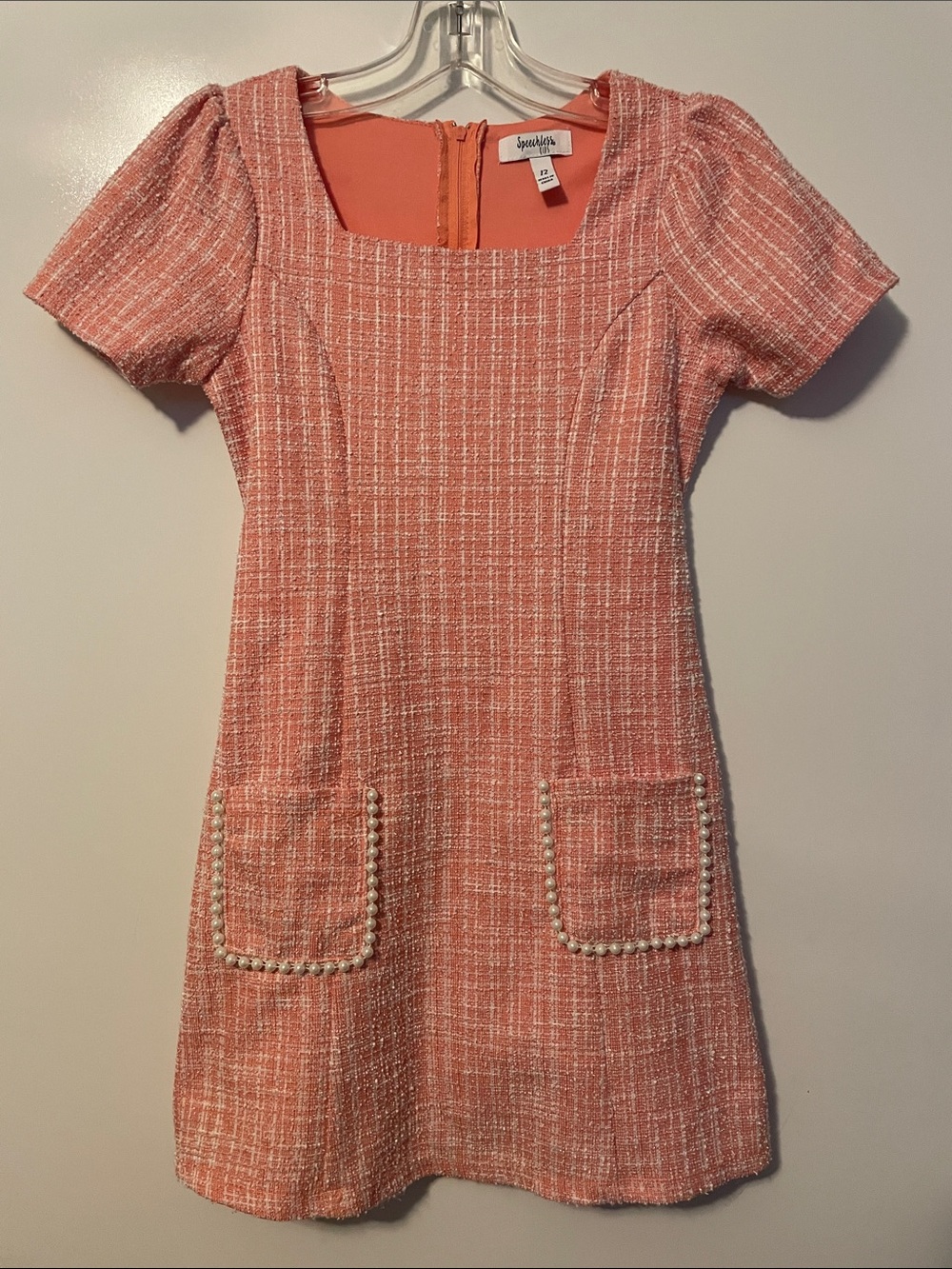 Speechless Tweed Dress Pearl Pockets Belted Pinkish Orange Girl's Size 12